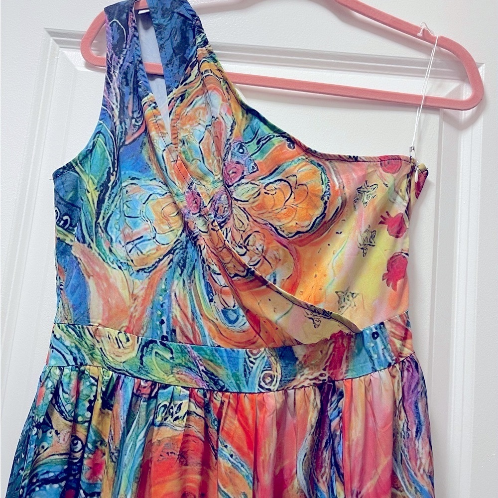 Vibrant Peacock Sleeveless One Shoulder Maxi Dress. Size Large - Picture 8 of 11